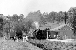 A heritage steam train arrives at Murphys Creek c1988. Photo P Cass.